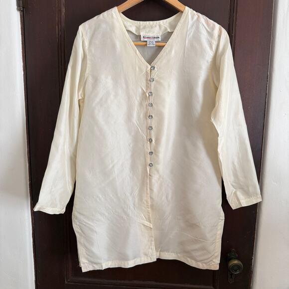 90s Vintage CHRISTINA | Cream Lightweight Silk Taffeta Tunic Top Extra Small - Picture 1 of 6
